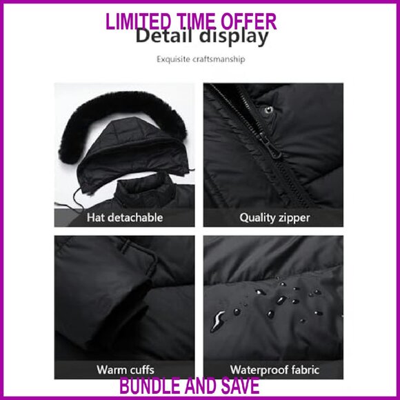 Plus Size Down Coat Waterproof Windproof Detachable Hood Flannel Lined - Picture 6 of 6